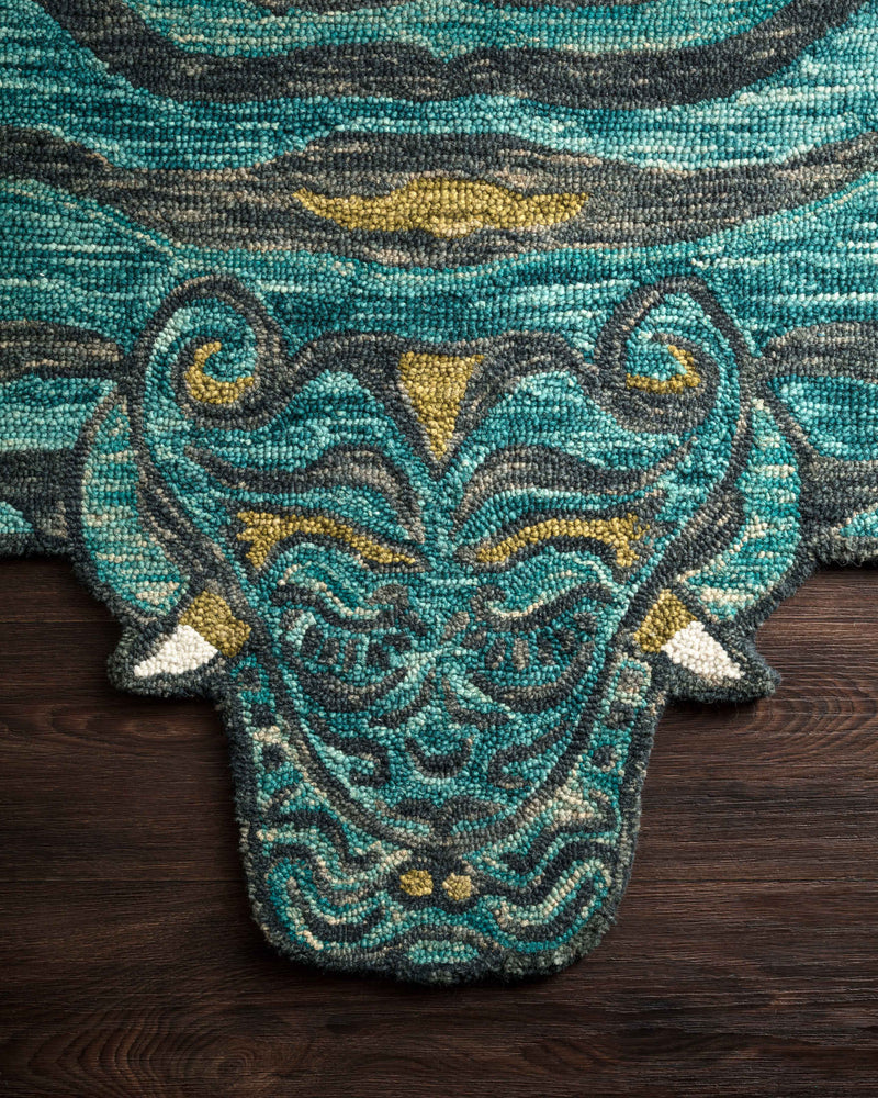 FEROZ Collection Wool Rug  in  TEAL Blue Small Hand-Hooked Wool