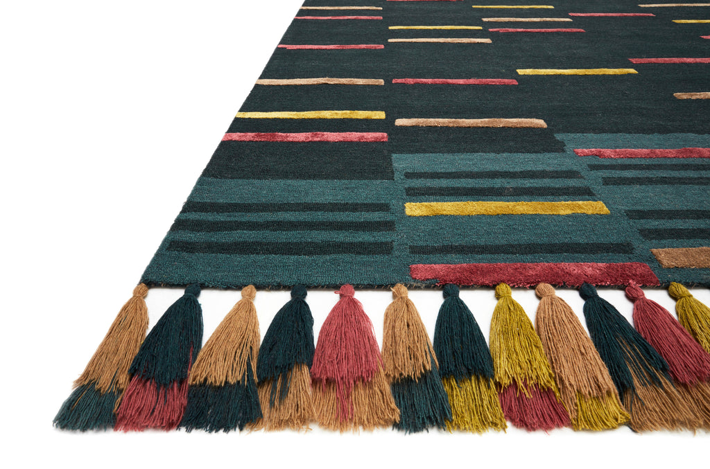 JAMILA Collection Wool/Viscose Rug  in  Teal / Sunset Blue Accent Hand-Hooked Wool/Viscose