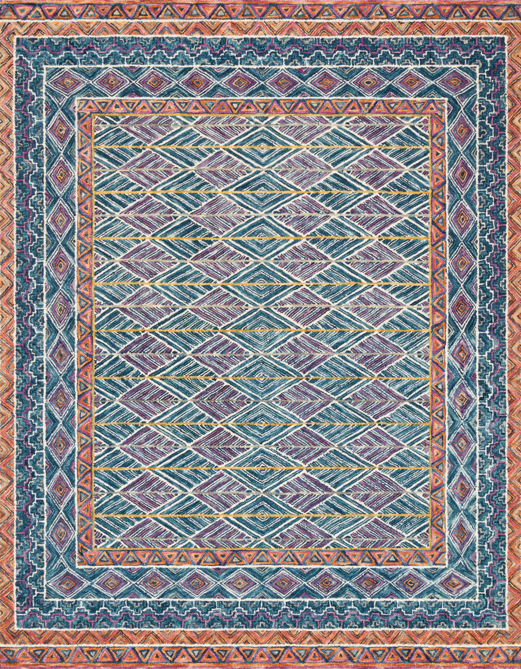 PRITI Collection Wool Rug  in  TEAL / FIESTA Blue Accent Hand-Hooked Wool
