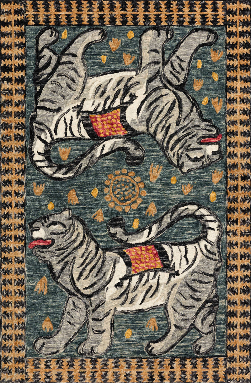 TIGRESS Collection Wool Rug  in  Teal / Grey Blue Small Hand-Hooked Wool