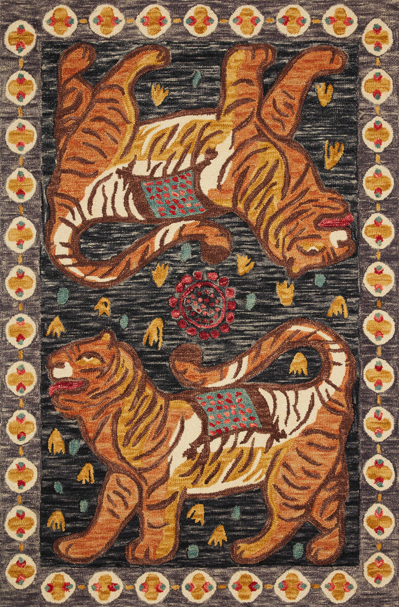 TIGRESS Collection Wool Rug  in  Charcoal / Tangerine Gray Small Hand-Hooked Wool