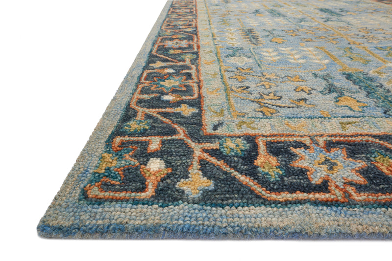 VICTORIA Collection Wool Rug  in  LT BLUE / DK BLUE Green Accent Hand-Hooked Wool