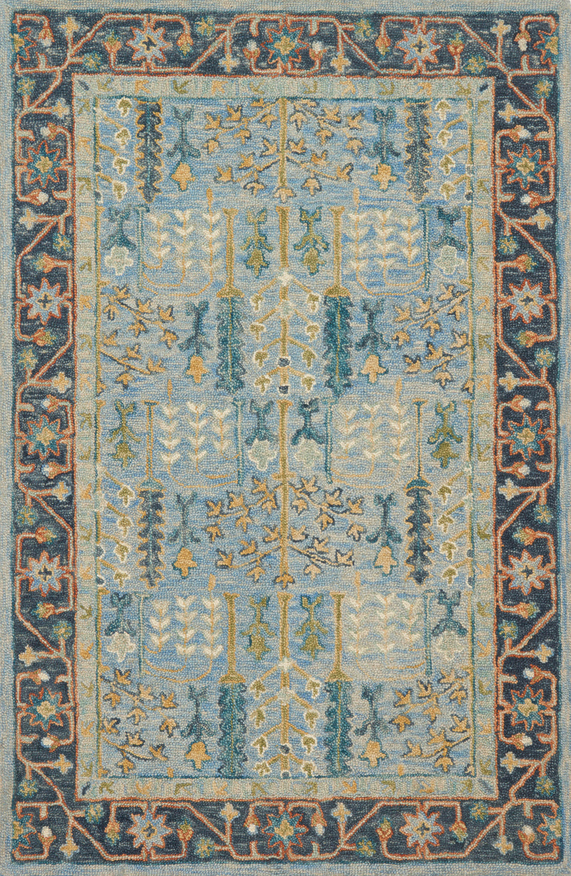 VICTORIA Collection Wool Rug  in  LT BLUE / DK BLUE Green Accent Hand-Hooked Wool