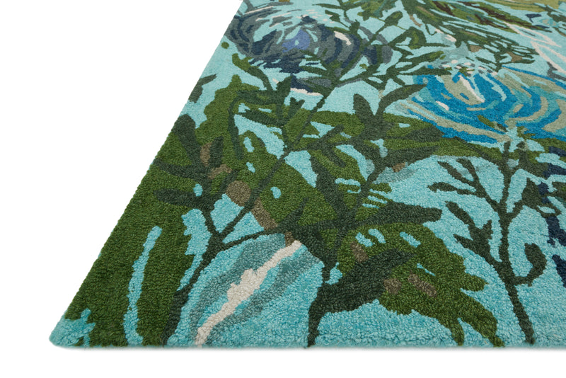 WILD BLOOM Collection Wool Rug  in  AQUA / GREEN Blue Small Hand-Hooked Wool